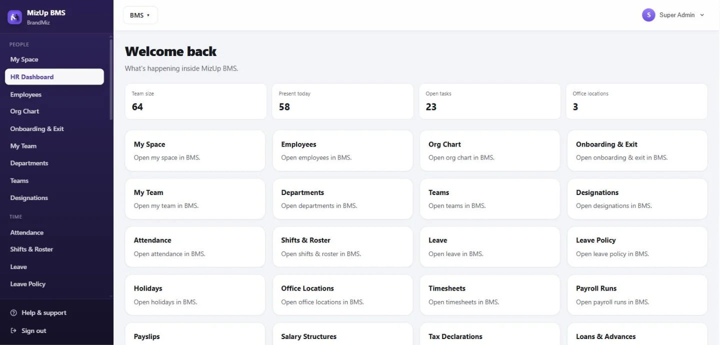 MizUp HRMS dashboard