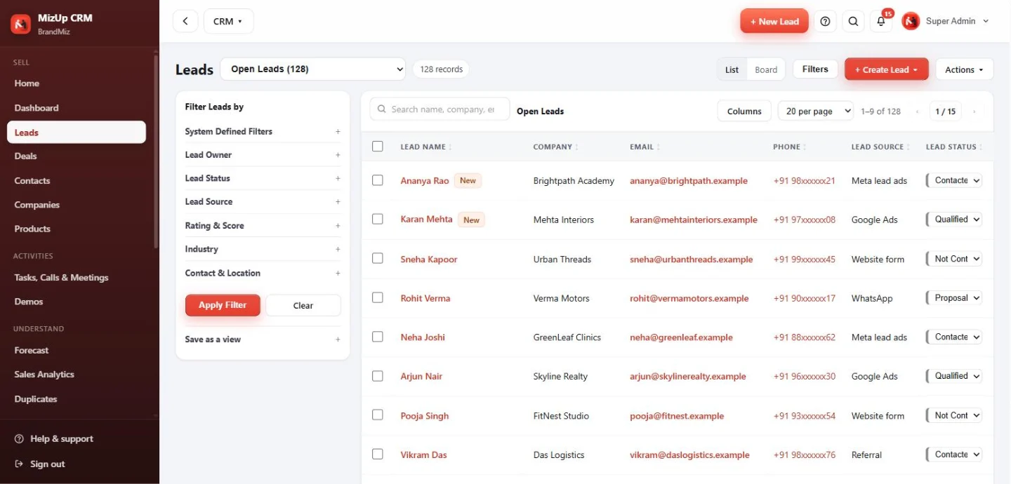 MizUp CRM dashboard