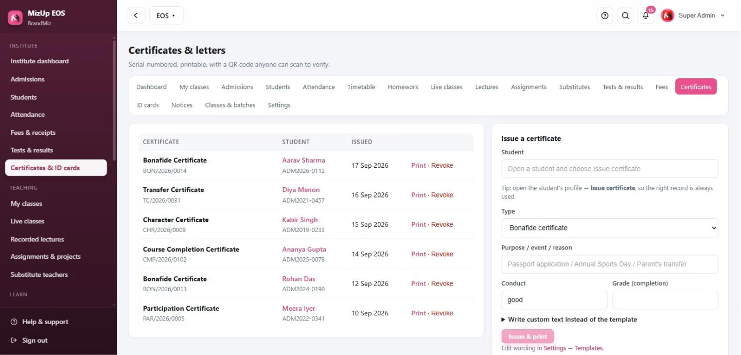 MizUp EOS screen: Serial-numbered certificates with QR verification