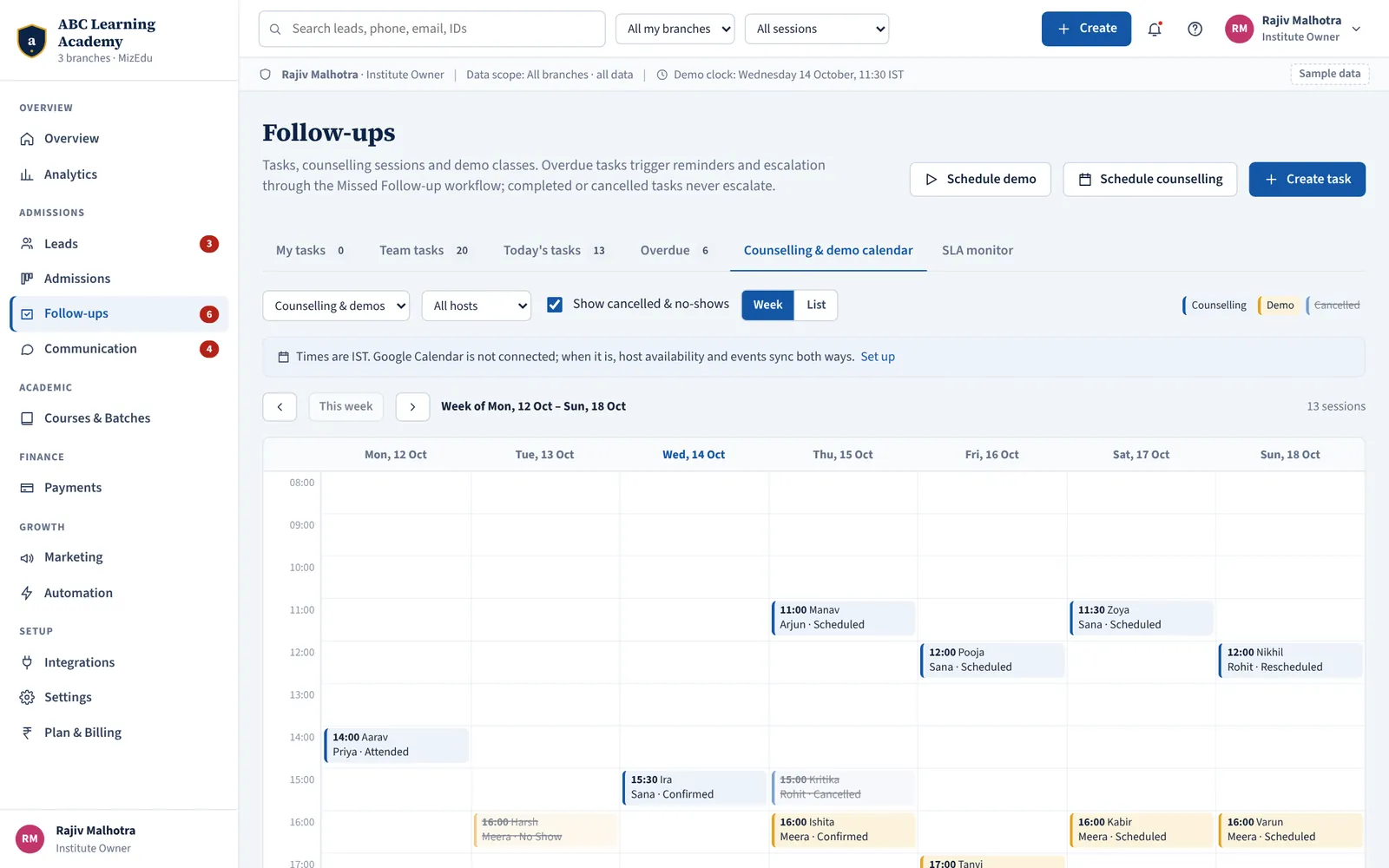 MizEdu counselling and demo calendar