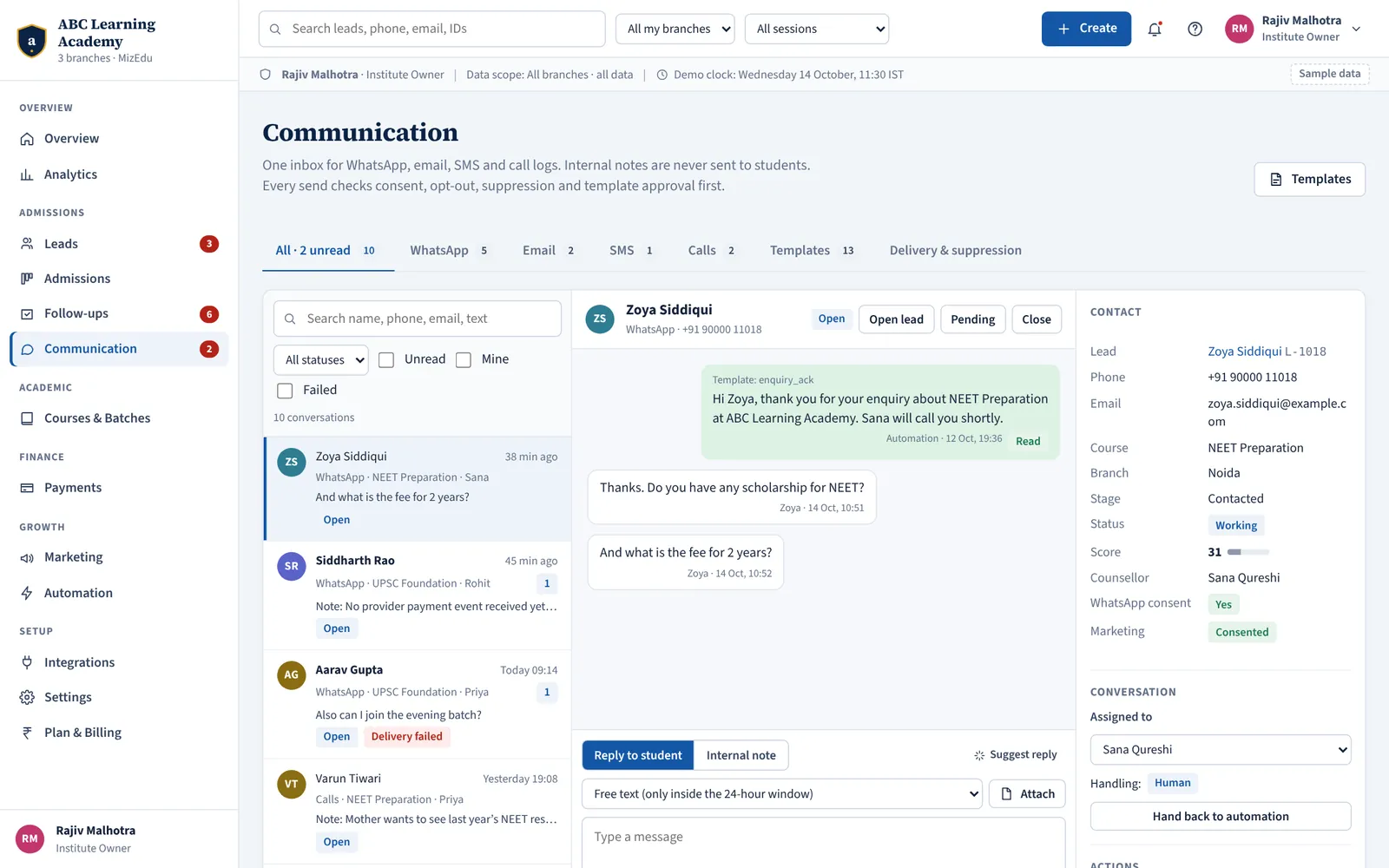 MizEdu unified WhatsApp, email and SMS inbox