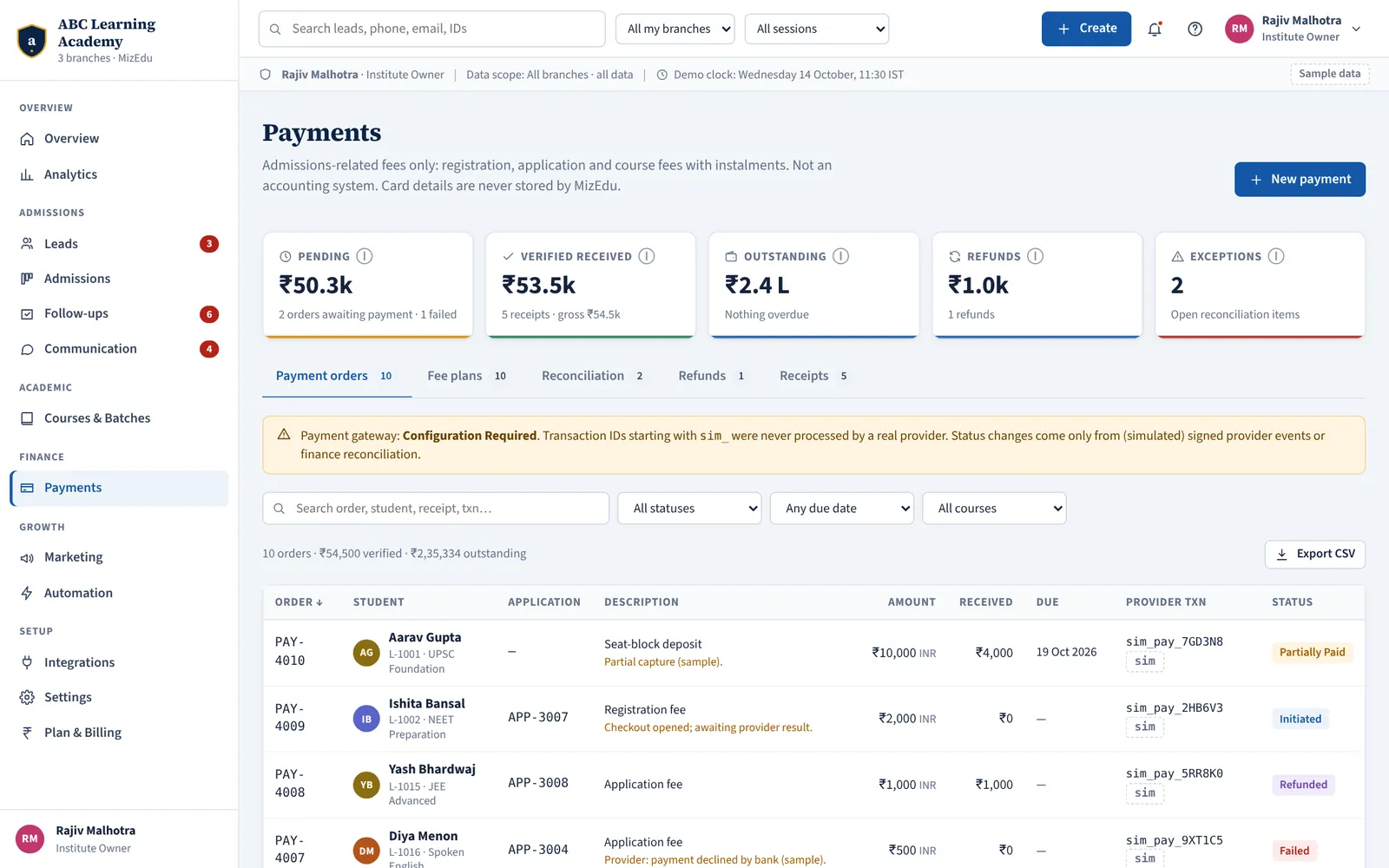 MizEdu payments: orders, verification and reconciliation
