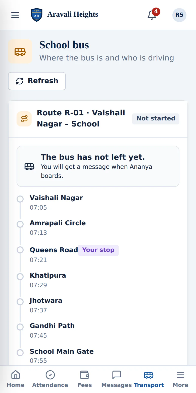 School bus screen for parents