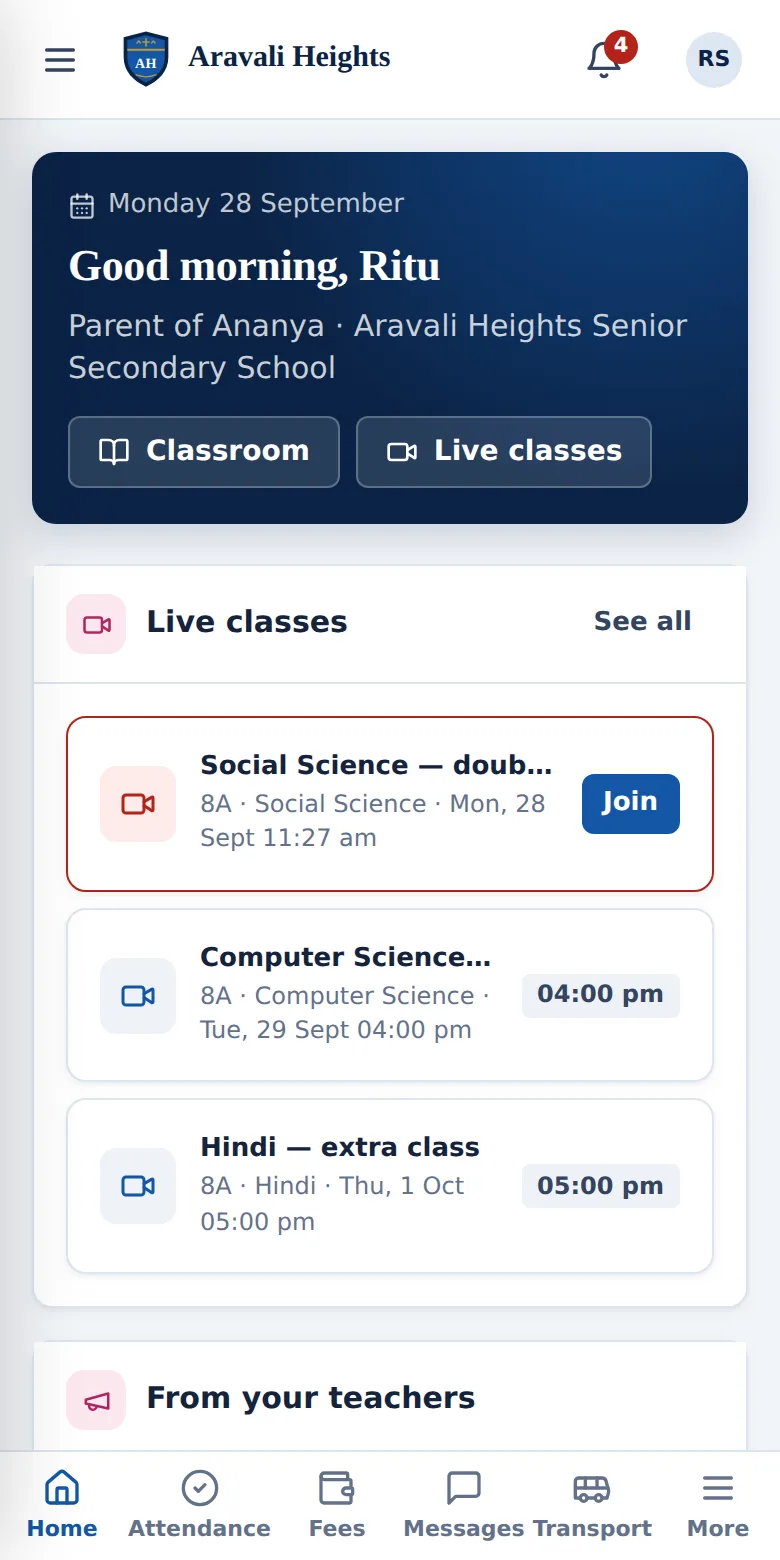 Parent app home screen in Miz School