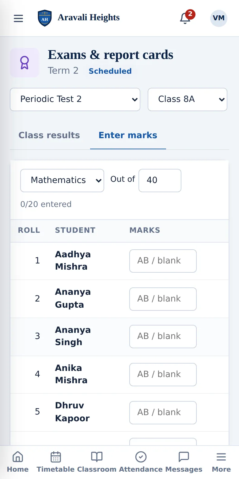 Teacher entering marks on a phone