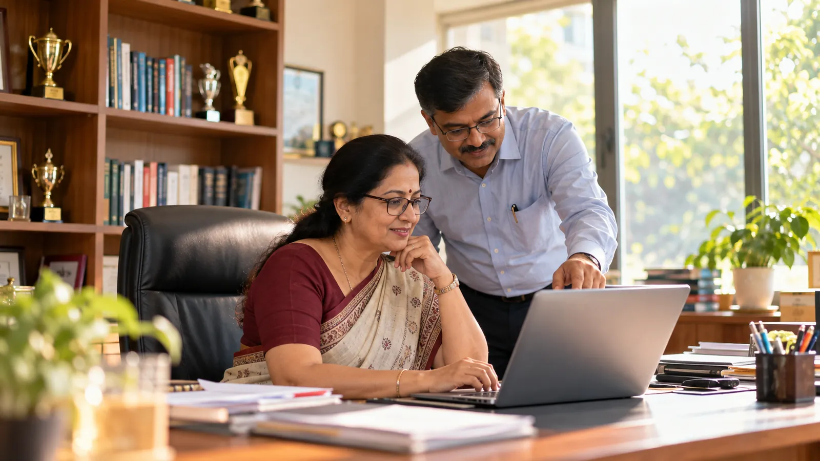 A principal reviewing the school dashboard with a teacher