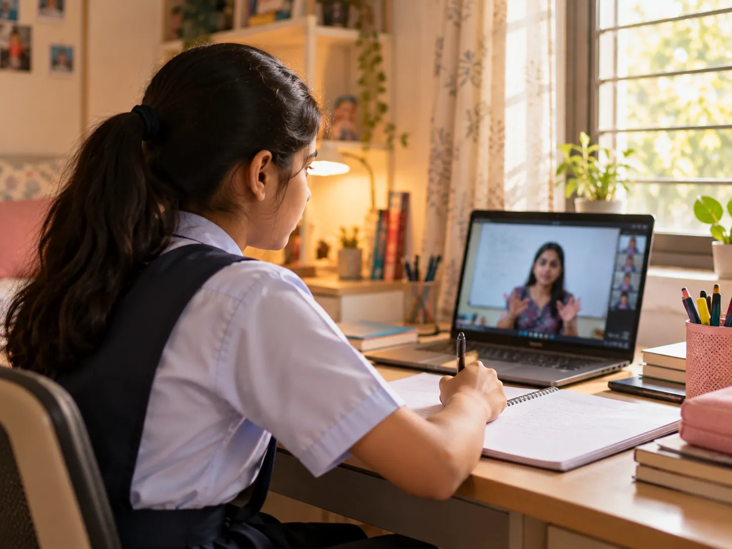 A student joining the live class from home